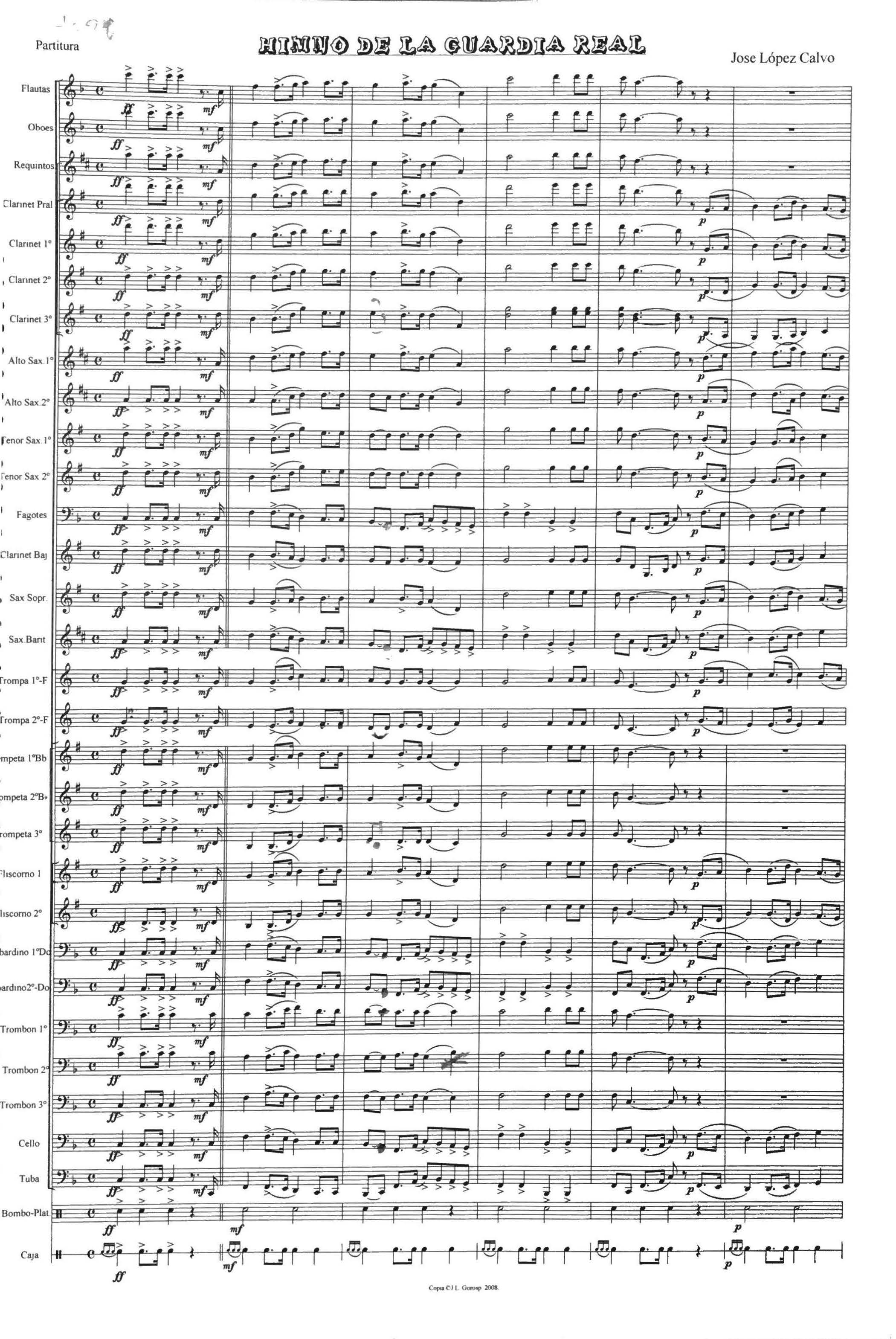 Partitura del Himno de la Guardia Real para orquesta sinfónica